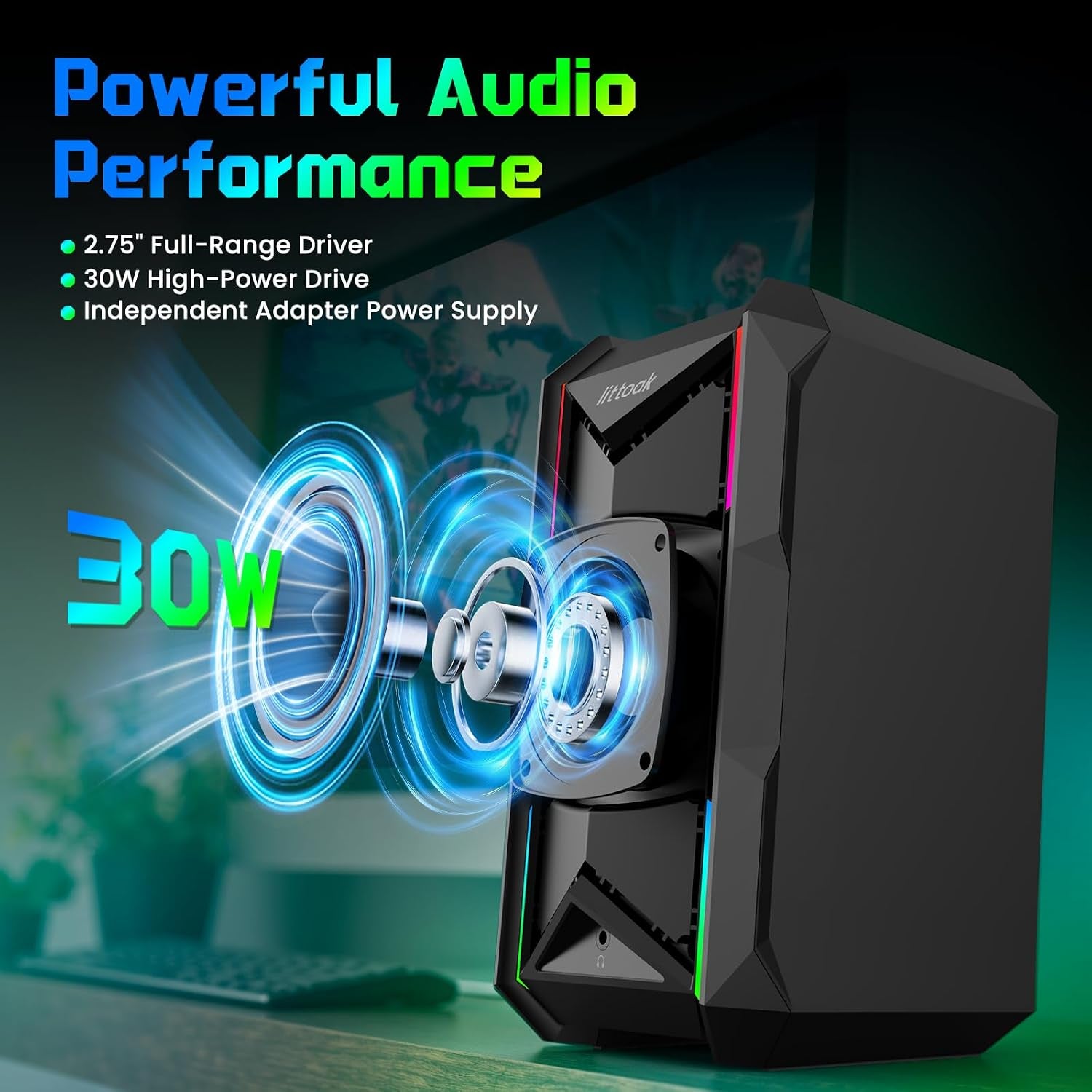 Computer Speakers for Music and Gaming, DC Adapter Powered Speakers for Desktop PC or Laptop, Bluetooth 5.3 Desktop Speaker, 10 RGB Modes, 3.5Mm Aux In, Headphone Port, Type-C Port, 30W, 3 EQ