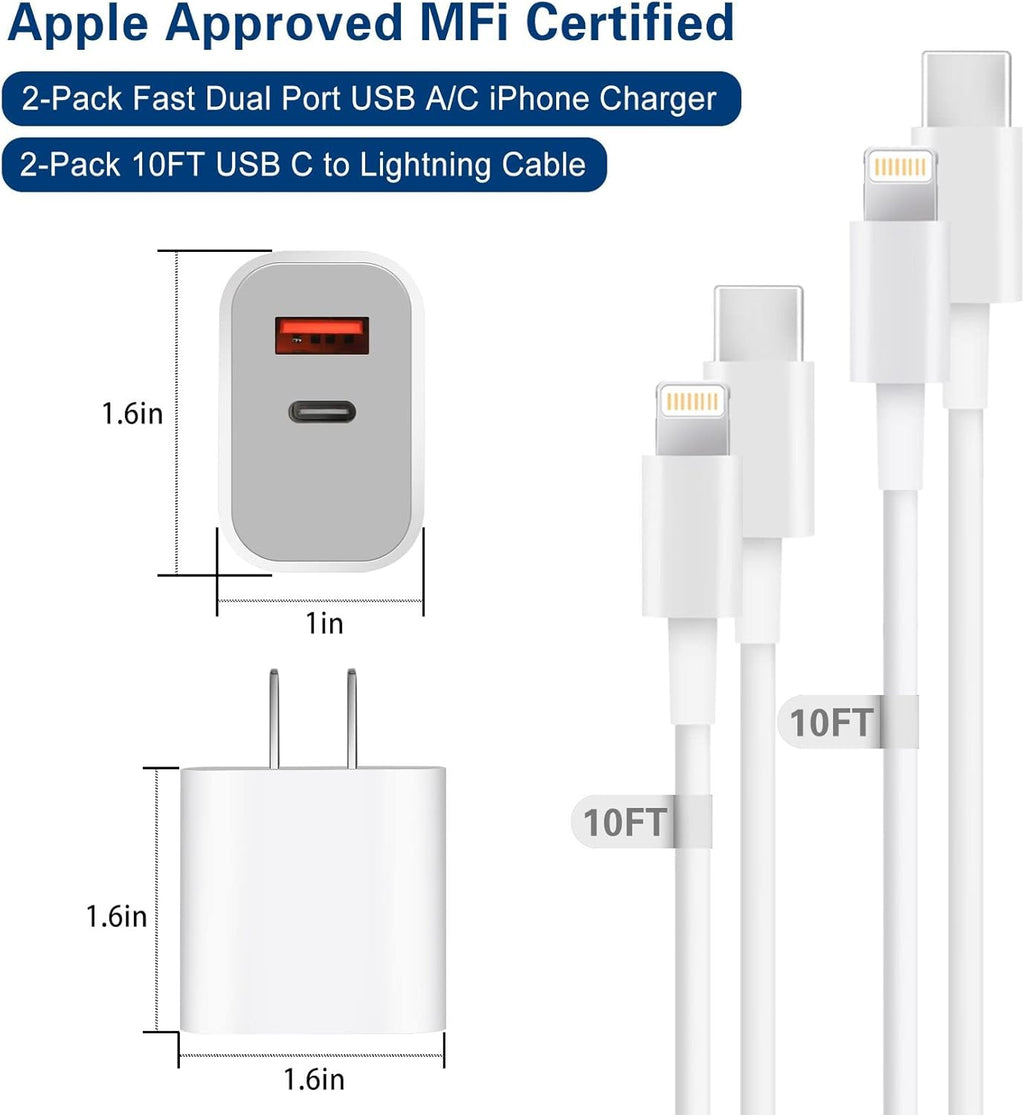 Fast Charger Iphone,Dual Port A/C Iphone Charger Fast Charging Block,2Pack Super Quick Double Apple Iphone Wall Charger Power Adapter 10FT USB C to Lightning Cable for Iphone 14/13/12/11/Promax/Xs/Xr