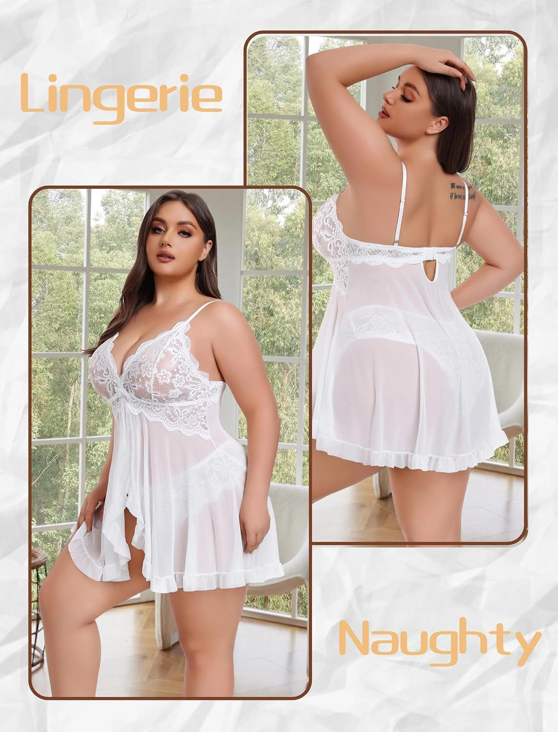 plus Size Lingerie for Women Sexy Open Front Lace Babydoll Dress | V-Neck Sleepwear,Sheer Mesh Lingerie Dress,Nightgown Thong 2 Piece,Chemise Strap Nightdress,Wedding for Bride,Valentines Day