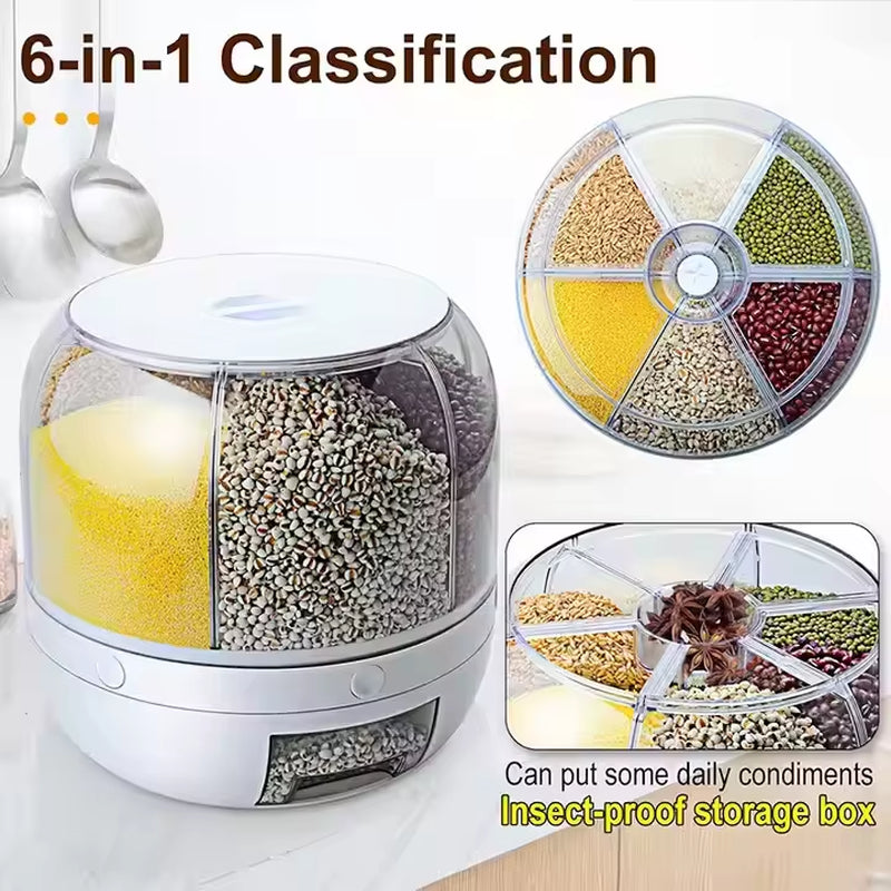 Hot Sale 6-Grid Rotary Grain Buckets Rice Dispenser Kitchen Food Grain Dispenser with Lid