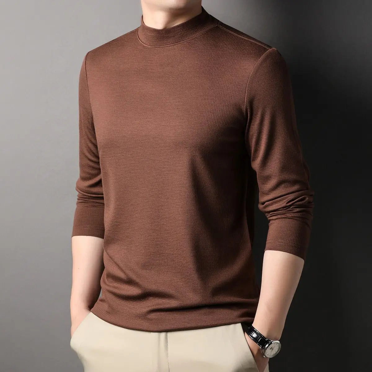Fashion Stylish Men'S Tops Turtleneck Solid for Layering Oversized Modal T-Shirt Spring Autumn Classic Workwear Casual Tshirt