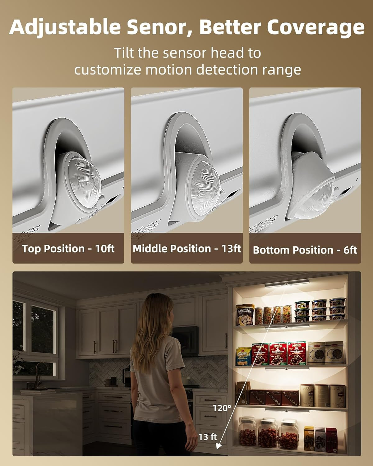 13-Inch Motion Sensor Closet Light, LED Rechargeable Closet Light with Adjustable Sensor, 3 Colors & Dimmable, No Glare, Magnetic Motion Lights Indoor for Closet, Pantry, Stairs