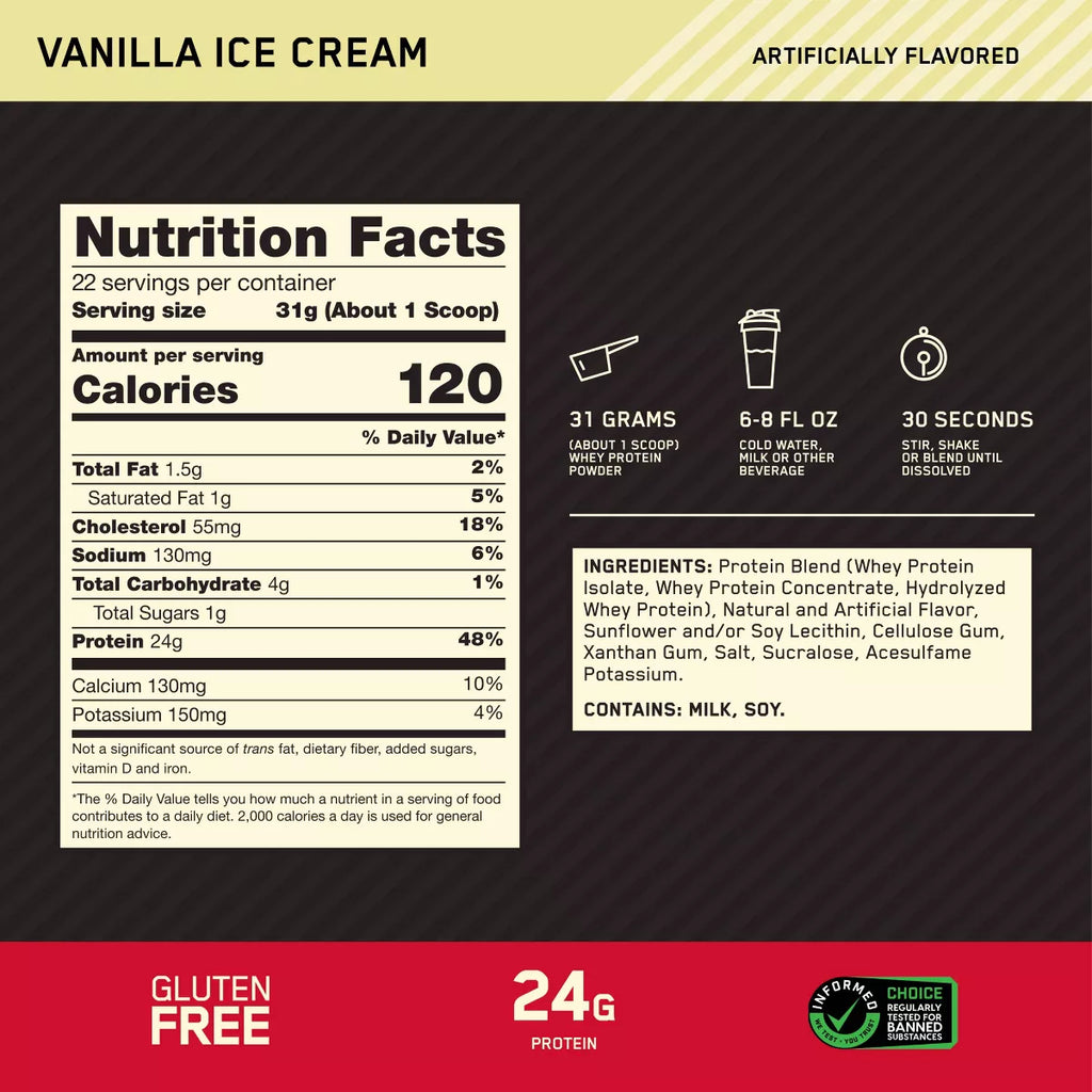 Optimum Nutrition Gold Standard 100% Whey Protein Powder - Vanilla Ice Cream - 22 Servings - 24Oz