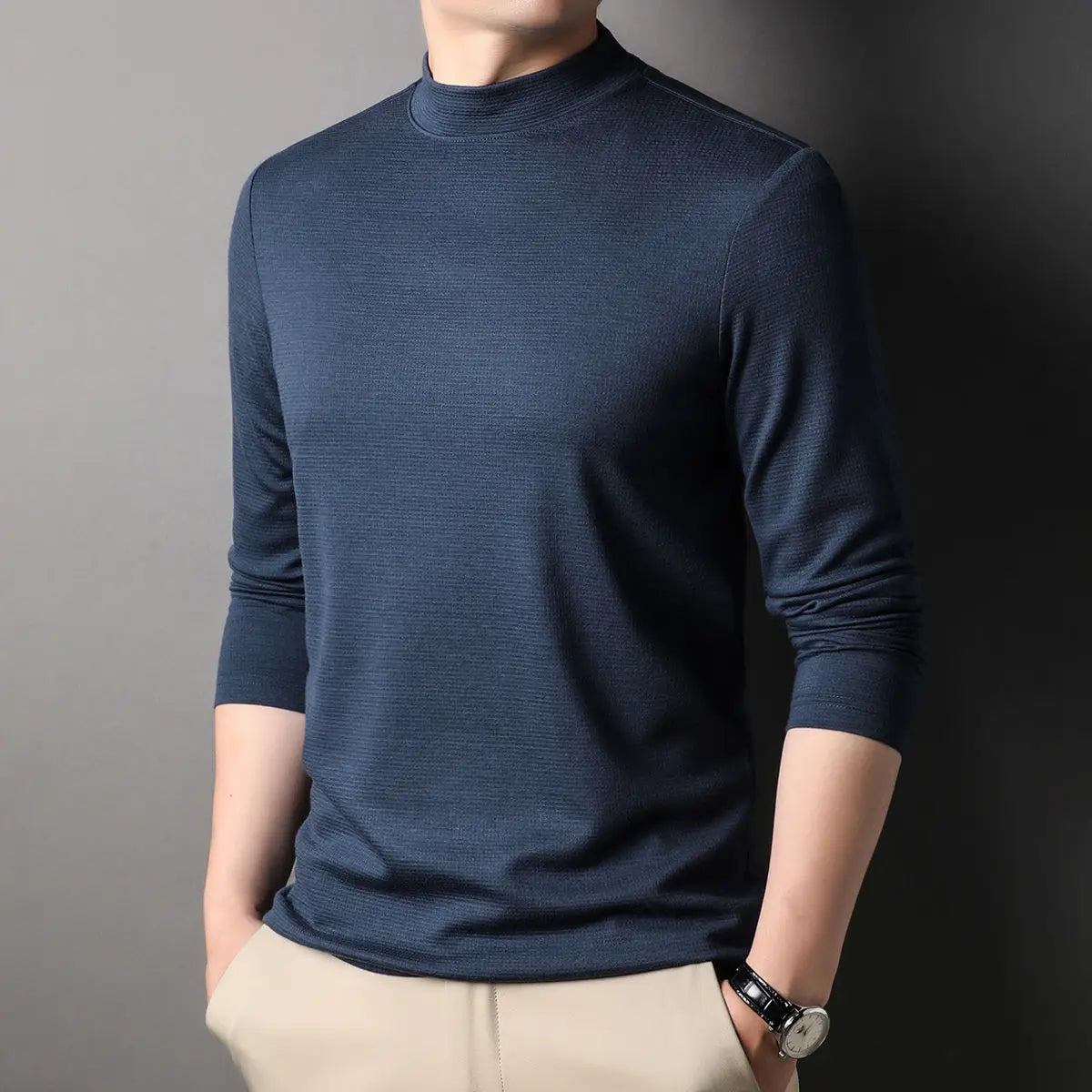Fashion Stylish Men'S Tops Turtleneck Solid for Layering Oversized Modal T-Shirt Spring Autumn Classic Workwear Casual Tshirt