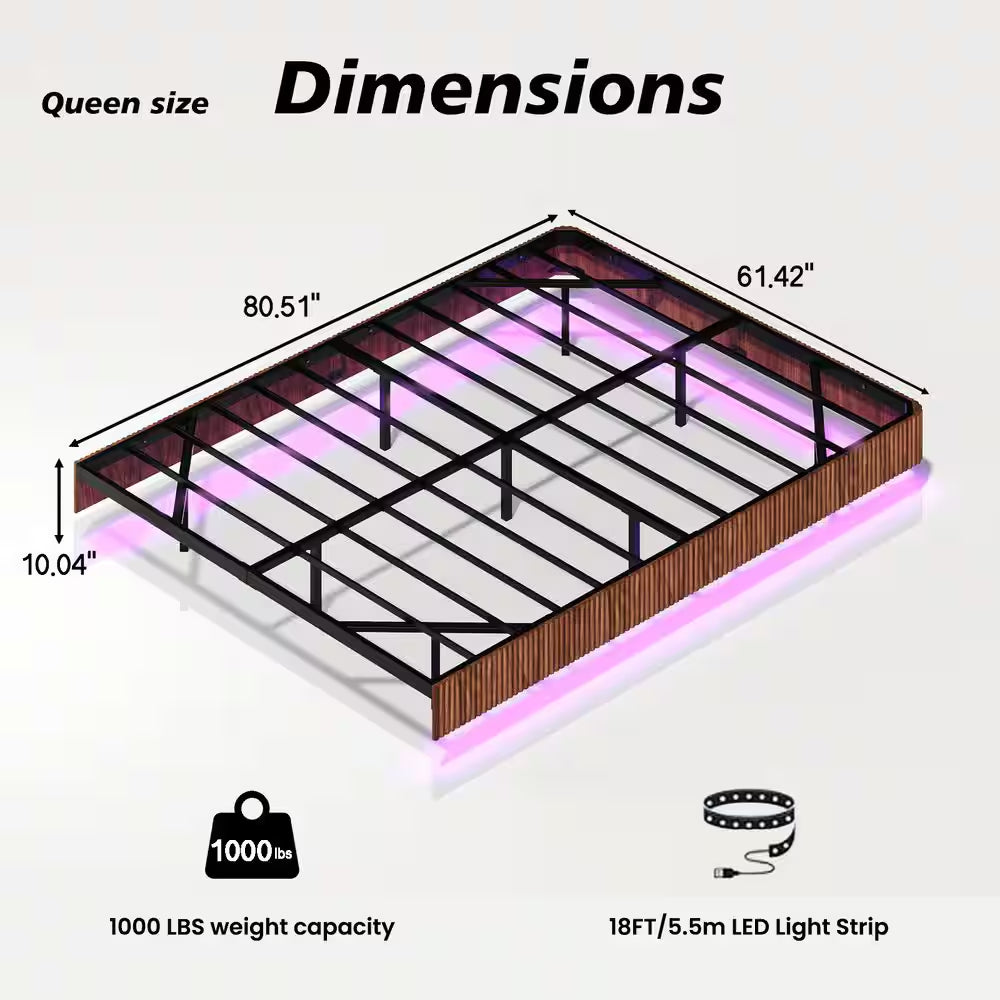 Erwin Walnut Brown Wood Frame Queen Floating Platform Bed with LED Lights, Curve Wood Texture, Metal Slats