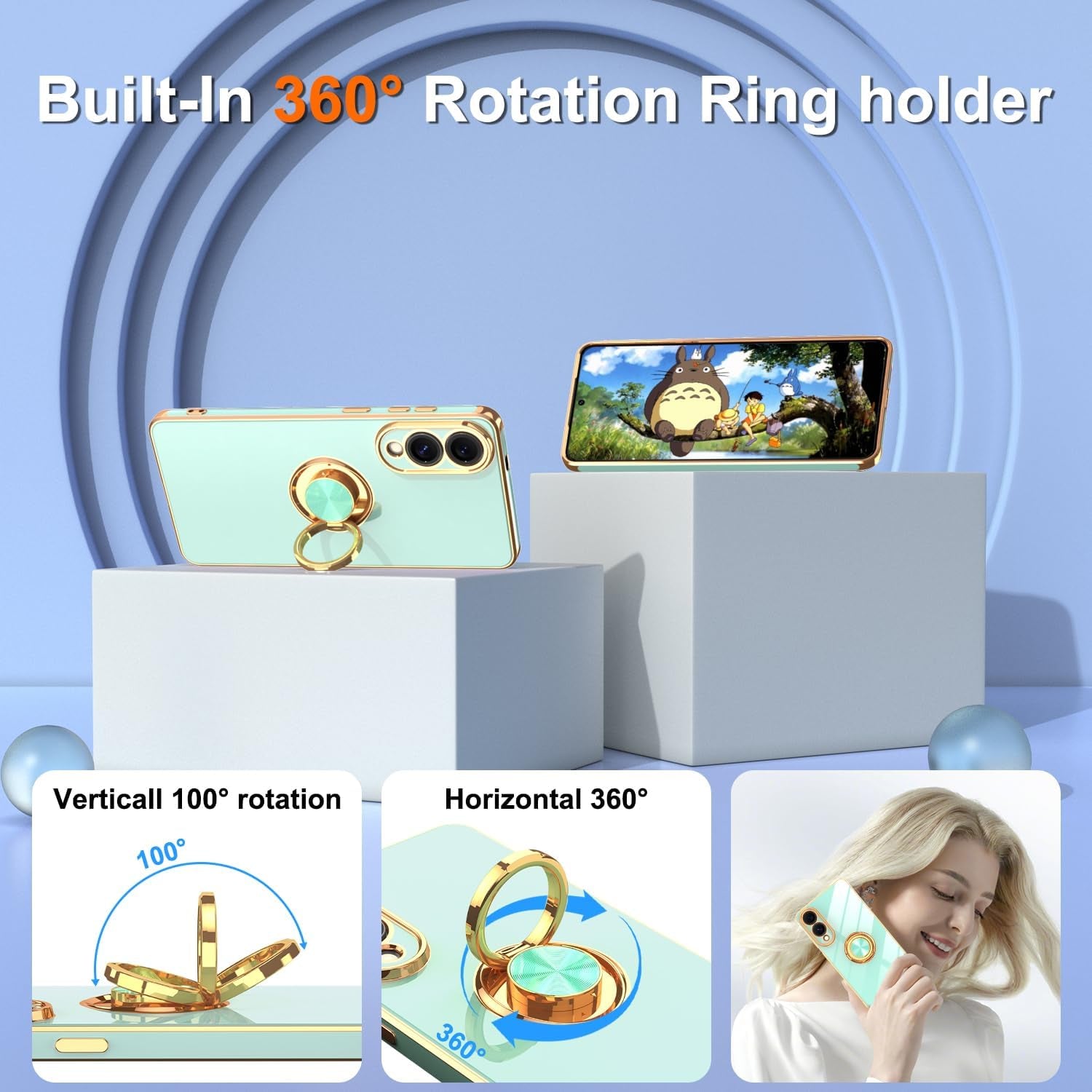 for Samsung Galaxy S25 Edge Case | 2Pcs Screen Protector | 360° Rotation Ring Holder Magnetic Kickstand, Plating Gold Edge Soft TPU Shockproof Protective Cover for S25 Edge, Light Green