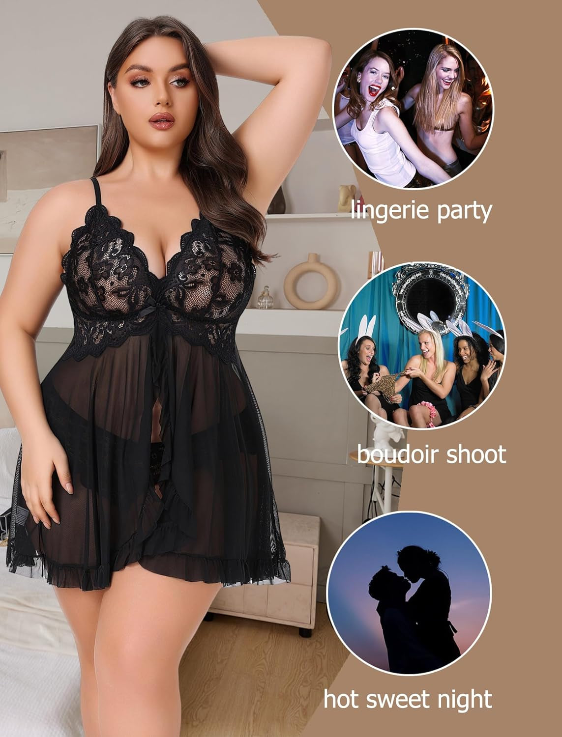 plus Size Lingerie for Women Sexy Open Front Lace Babydoll Dress | V-Neck Sleepwear,Sheer Mesh Lingerie Dress,Nightgown Thong 2 Piece,Chemise Strap Nightdress,Wedding for Bride,Valentines Day