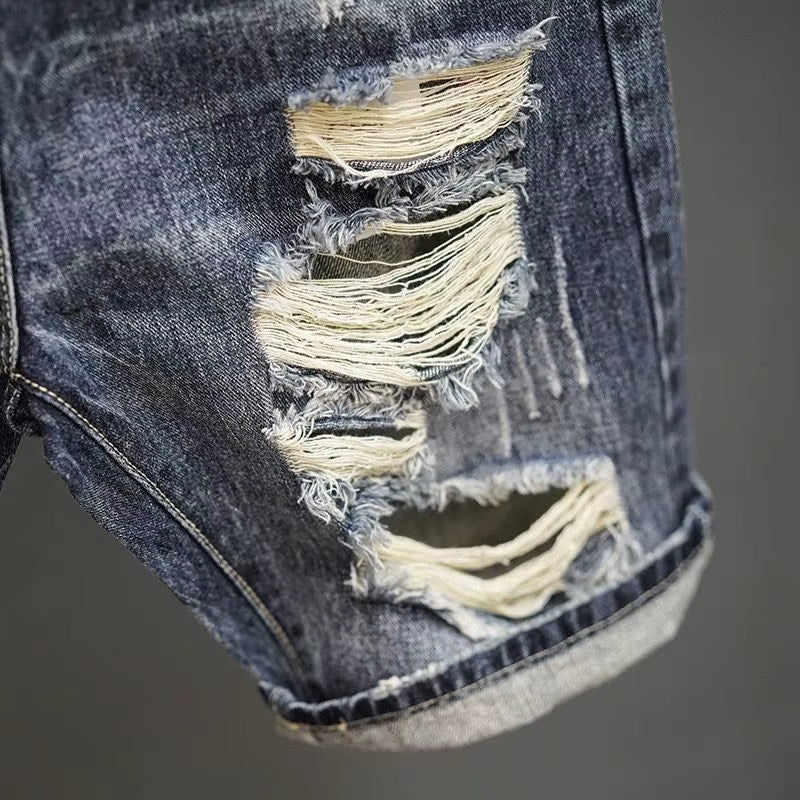 Fashion Vintage Korean Men'S Summer Denim Shorts with Distressed Holes Slim Fit Distressed Holes Designer Luxury Clothing Men