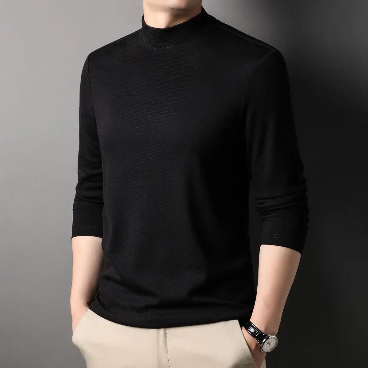 Fashion Stylish Men'S Tops Turtleneck Solid for Layering Oversized Modal T-Shirt Spring Autumn Classic Workwear Casual Tshirt