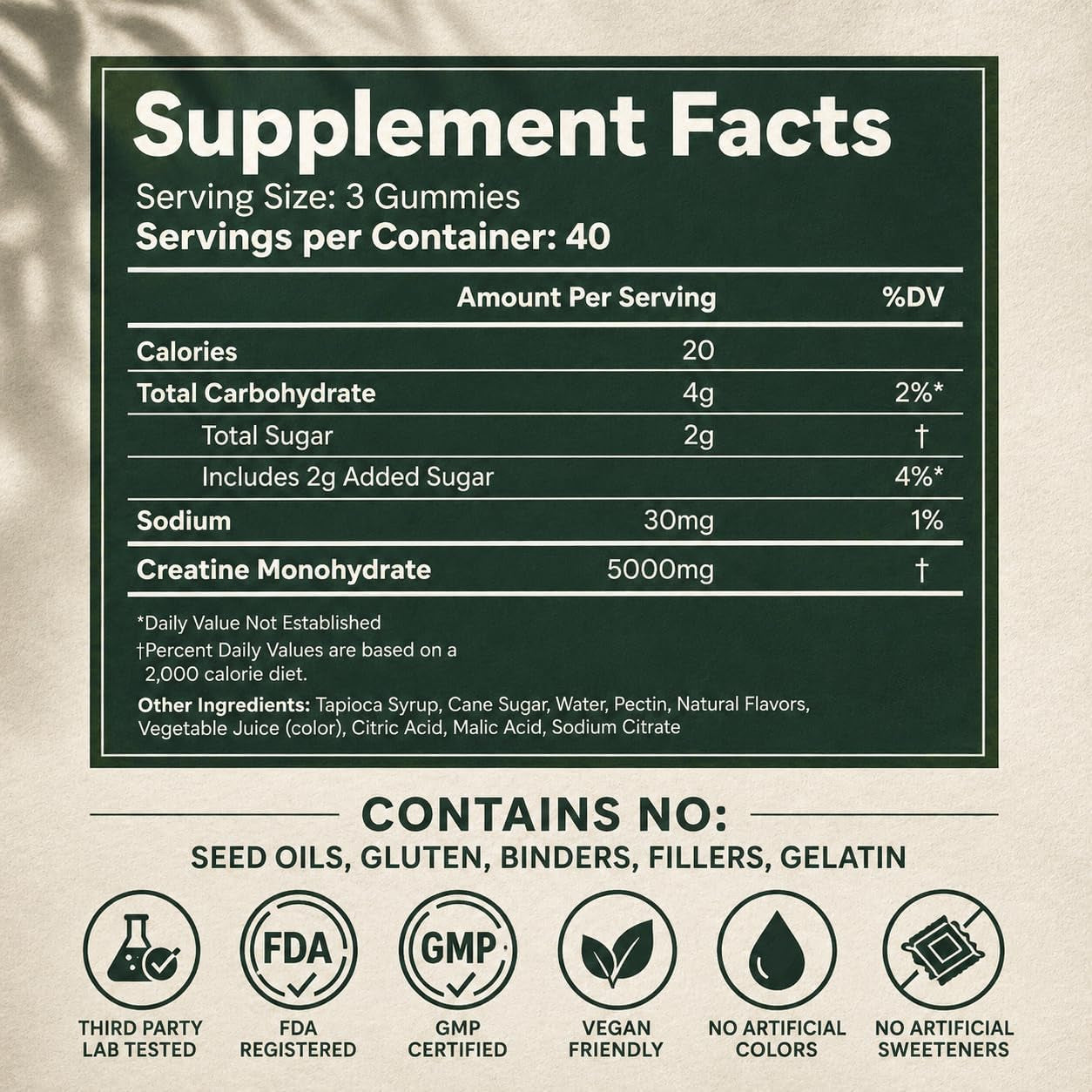 Creatine Monohydrate Gummies 5G - Only 2G Sugar, Made in USA - Sour Watermelon Flavor - Vegan & 3Rd Party Tested - Pre & Post Workout Supplement for Women and Men (120 Count, 40 Servings)