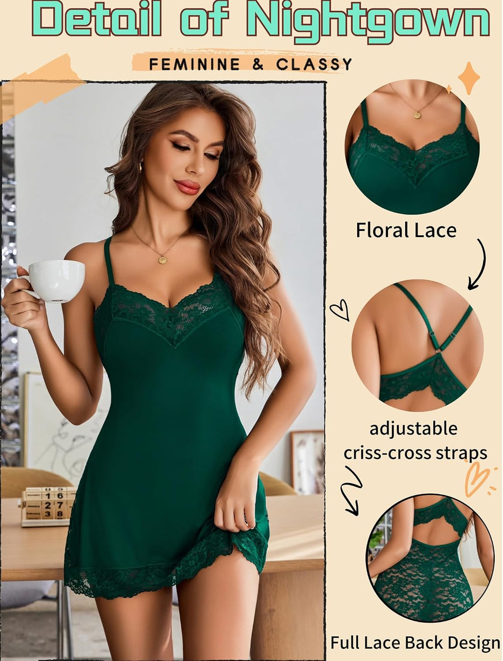 Lingerie for Women Sexy Babydoll Chemise Dress Lace Trim Sleepwear | Back Criss-Cross Straps Lingerie,V Neck Nightgown,Lace Trim Sleep Dress,Full Slip Nightwear for Date Night