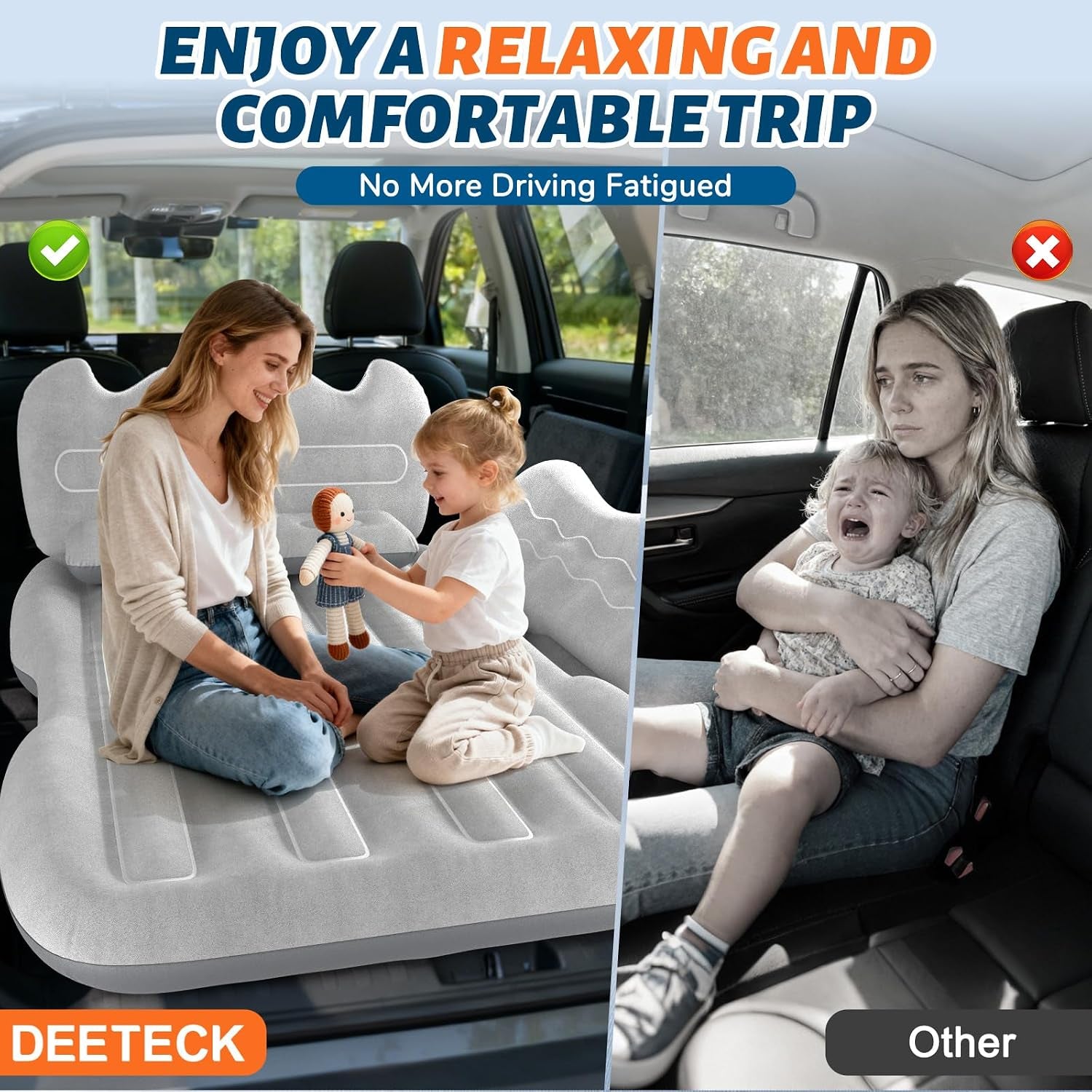 Thickened Inflatable Car Mattress for Back Seat - SUV Air Mattress Bed for Camping & Road Trips, Portable Car Blow up Mattress with Cup Holder, 2 Pillows & Carry Bag - Grey