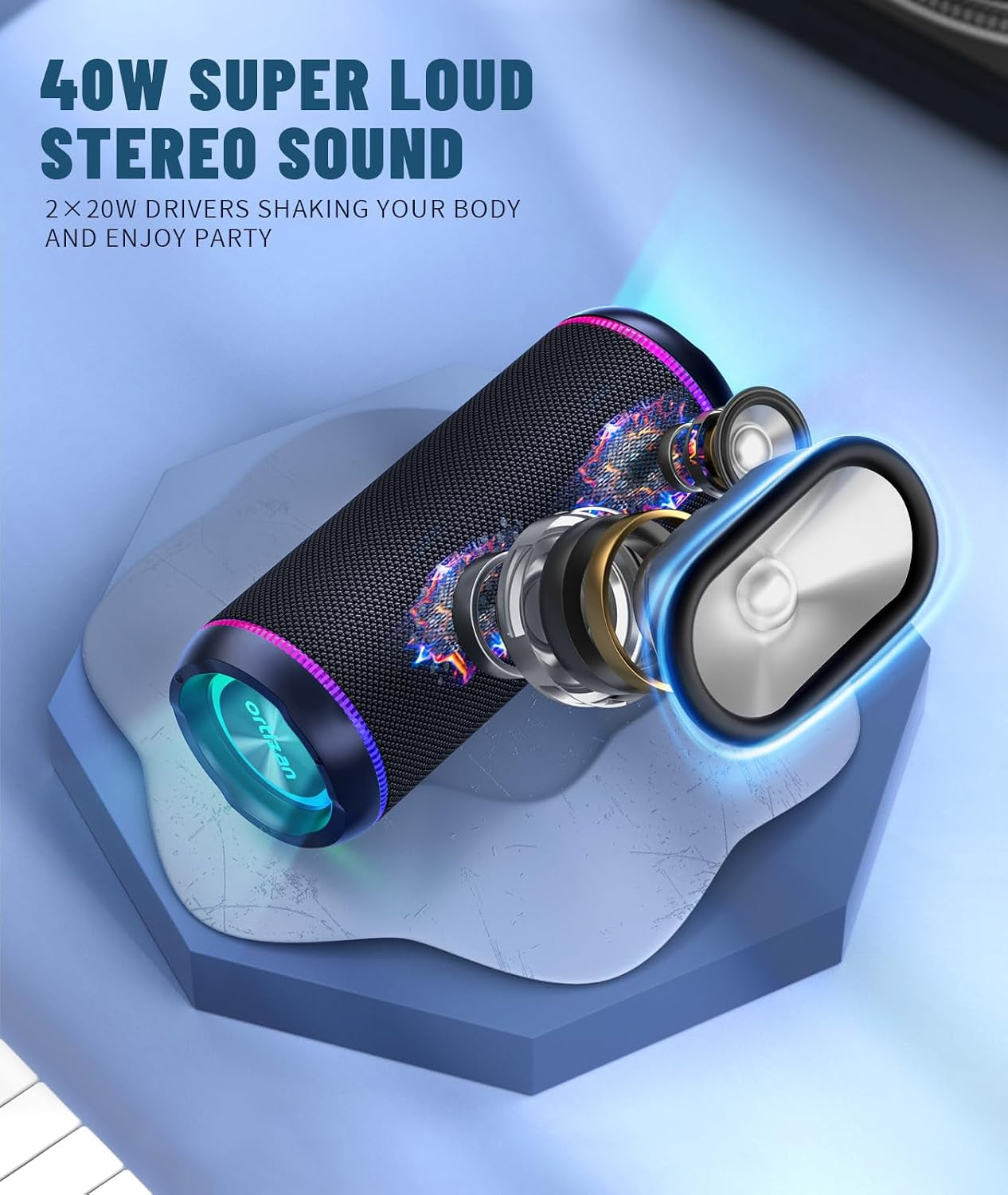 X30 Portable Bluetooth Speaker (3Rd Gen), 40W Loud Bass, Black | IPX7 Waterproof for Pool Parties & Outdoor Adventures, 30-Hour Battery, Beat-Synced LED Lights, Wireless Stereo Pairing