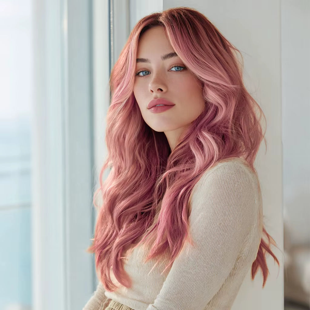 2026 New Fashion Ladies Transparent Lace Front Wig Pink Gradient Hair Tail Micro-Volume Synthetic Lace Wig-Sm9658