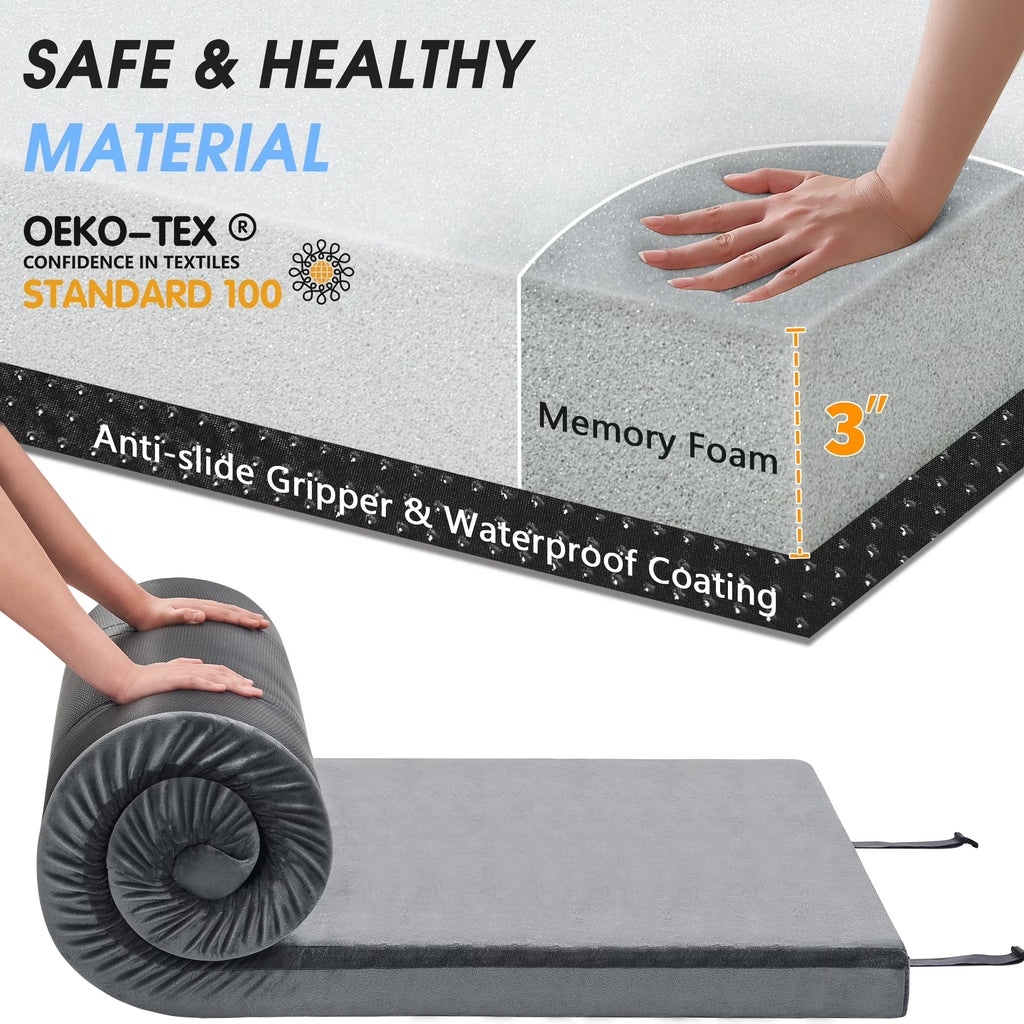 Certipur-Us 3" Memory Foam Camping Mattress Pad, Portable Foam Sleeping Pad for Camping, Car, Tent SUV Single Mattress