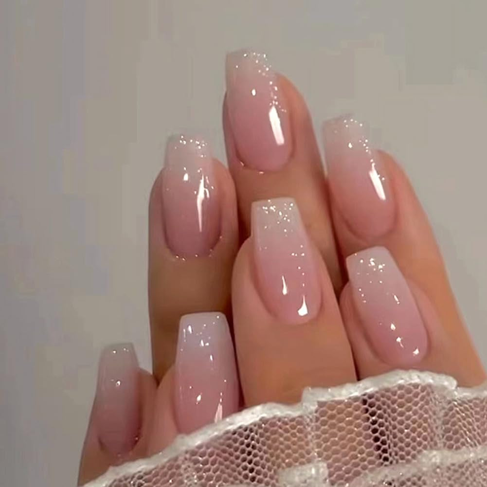 Long Press on Nails Square Fake Nails Pink Ombre Glue on Nails Coffin Press on Nails False Nails with Glossy Glitter Powder Designs Nails Press on Artificial Nails Stick on Nails for Women Girls 24Pcs