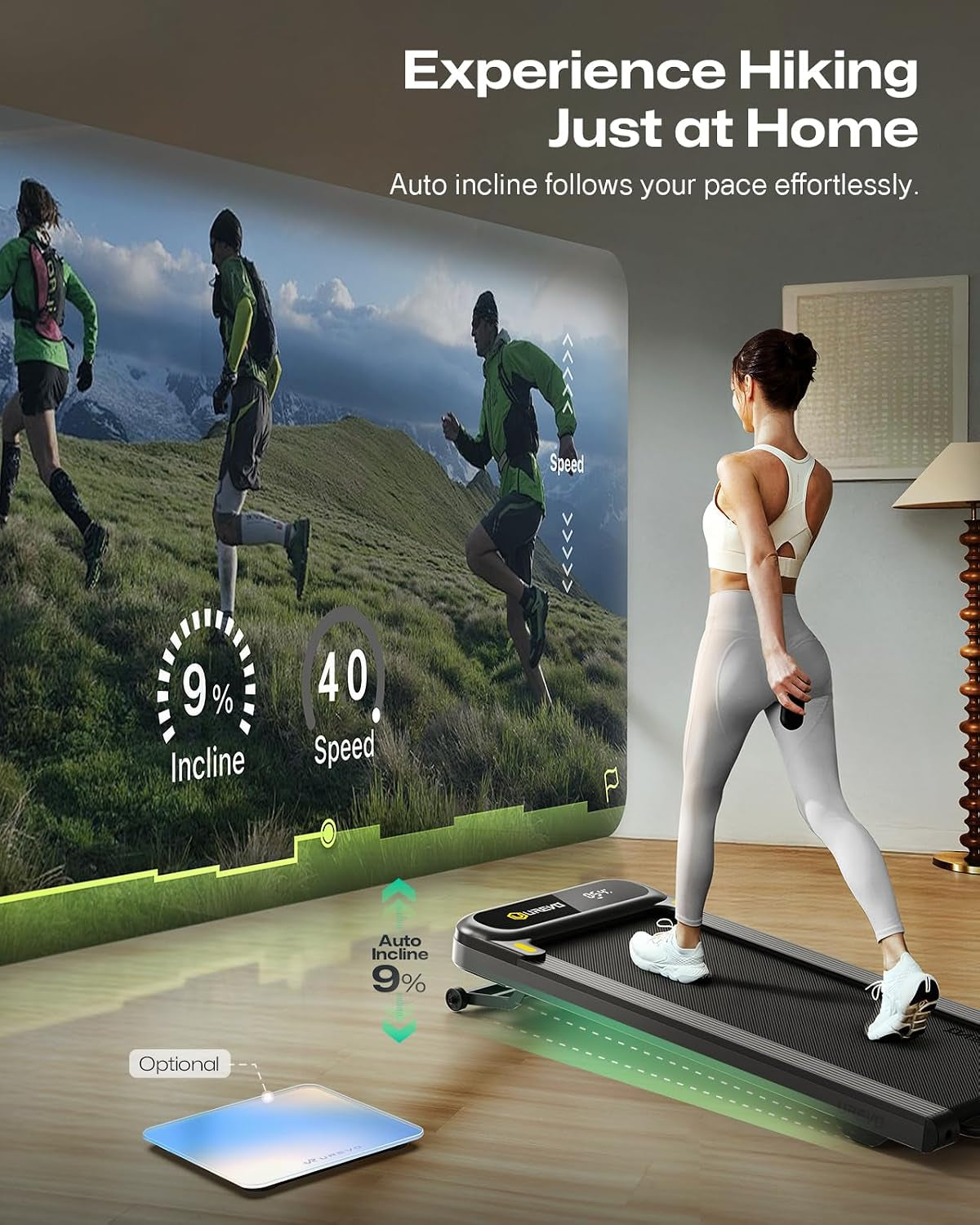 Smart Treadmill with 9% Auto Incline, Hiking and Running Walking Pad Treadmills for Home Office, Treadmill with  APP, AI Powered Music Course, HIIT Programs Synced to Scenic Route, One-Click Mute