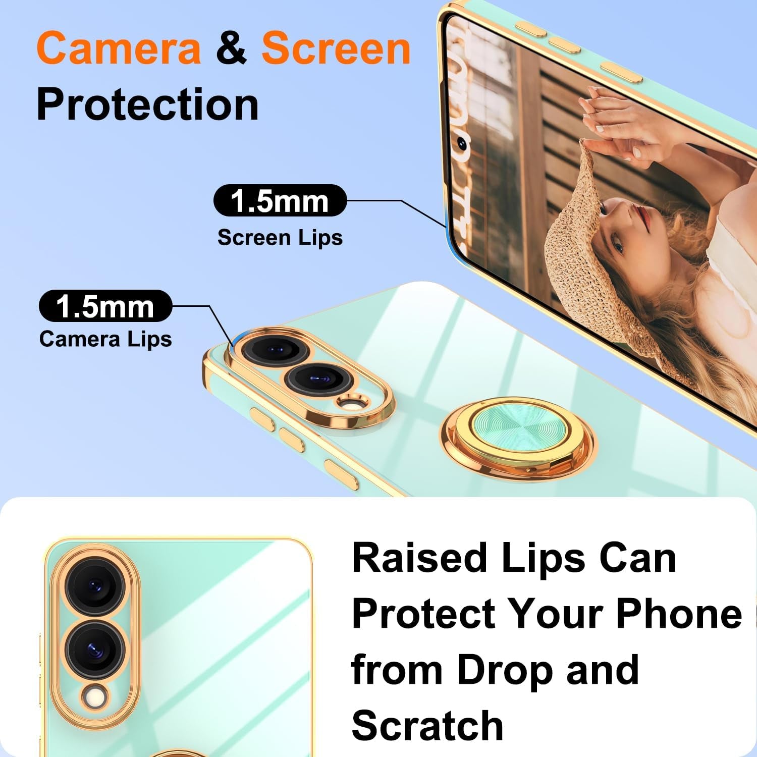 for Samsung Galaxy S25 Edge Case | 2Pcs Screen Protector | 360° Rotation Ring Holder Magnetic Kickstand, Plating Gold Edge Soft TPU Shockproof Protective Cover for S25 Edge, Light Green