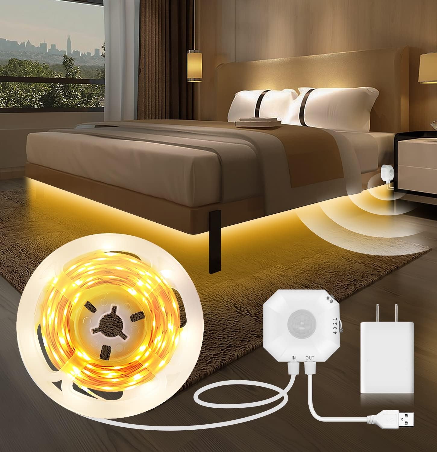 Motion Sensor Light Indoor under Bed Lights under Cabinet Lights, Motion Activated Led Light Strip for Bedroom,Warm White LED Closet Light Motion Sensored under Cabinet Lighting NO APP