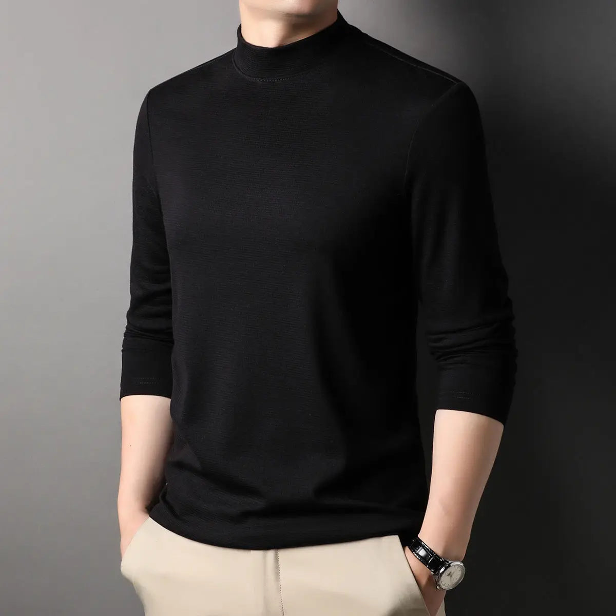 Fashion Stylish Men'S Tops Turtleneck Solid for Layering Oversized Modal T-Shirt Spring Autumn Classic Workwear Casual Tshirt