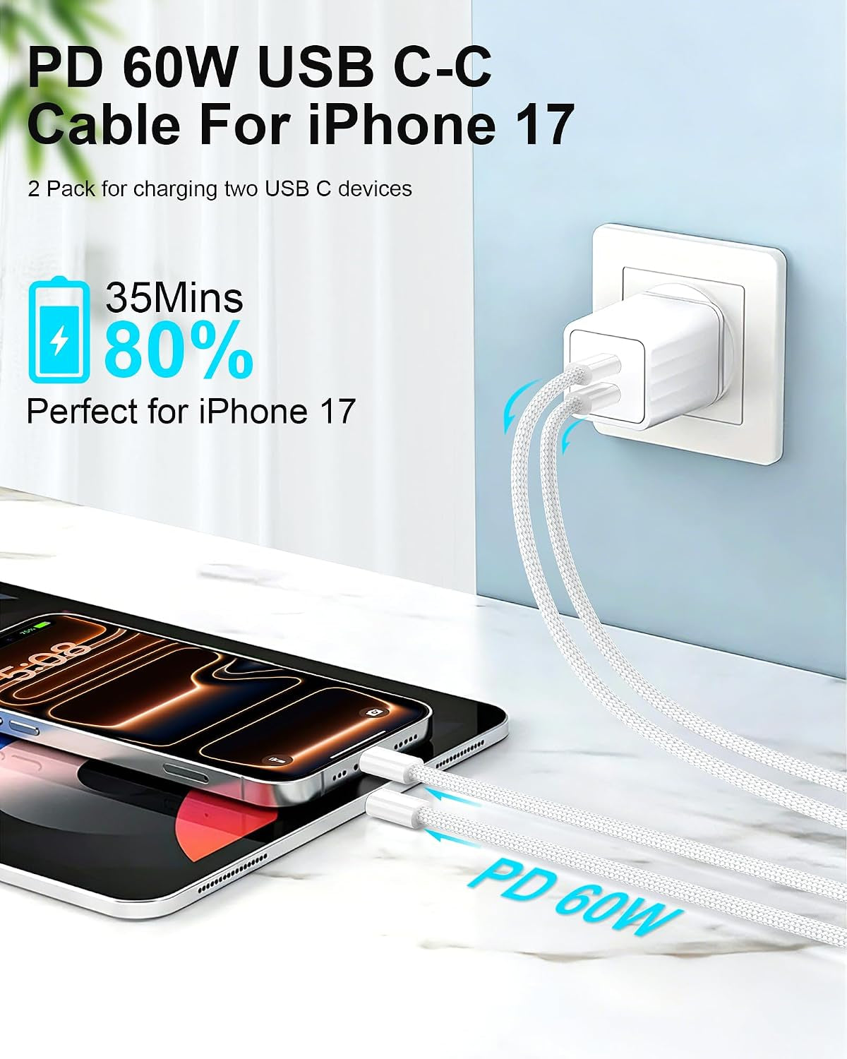 USB C to USB C Cable 3FT for Iphone 17, 2 Pack Braided Iphone Type C Charger Cord for Carplay Android Auto, 60W USB C to C Cable Fast Charging for Car Iphone 16 15 Ipad Air Pro