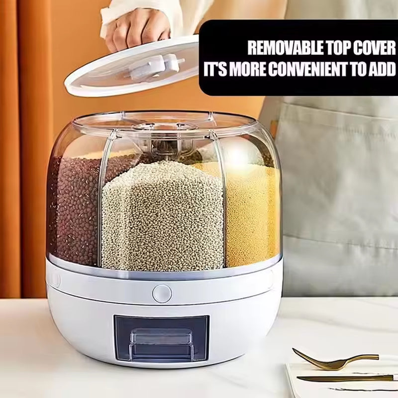 Hot Sale 6-Grid Rotary Grain Buckets Rice Dispenser Kitchen Food Grain Dispenser with Lid
