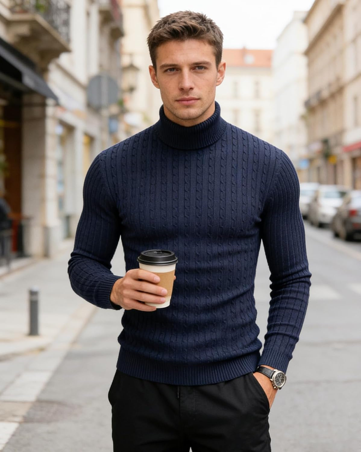 Mens Slim Fit Turtleneck Sweater Cable Knit Thermal Pullover Sweater