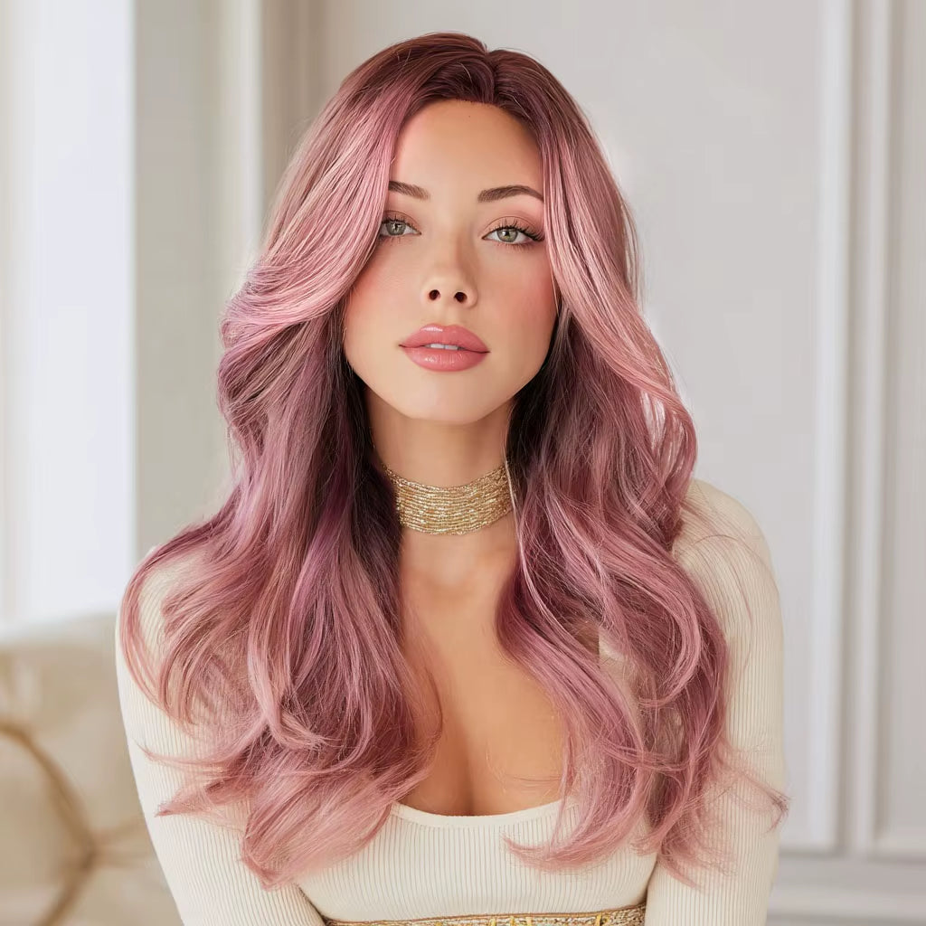 2026 New Fashion Ladies Transparent Lace Front Wig Pink Gradient Hair Tail Micro-Volume Synthetic Lace Wig-Sm9658