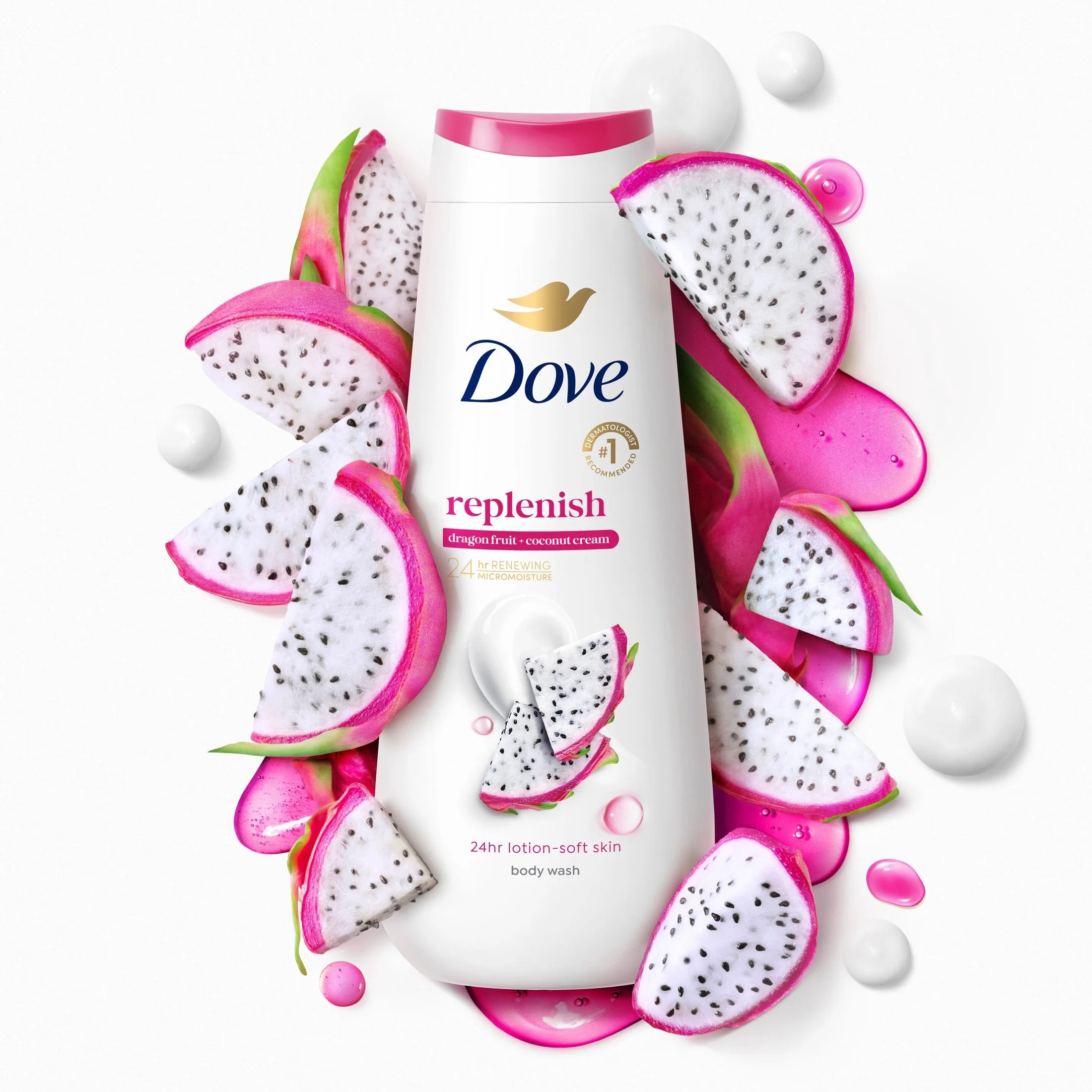 Body Wash for 24Hr Lotion-Soft Skin Replenish Dragon Fruit and Coconut Cream Moisturizing Skin Cleanser with No Sulfates No Parabens, 20 Fl Oz