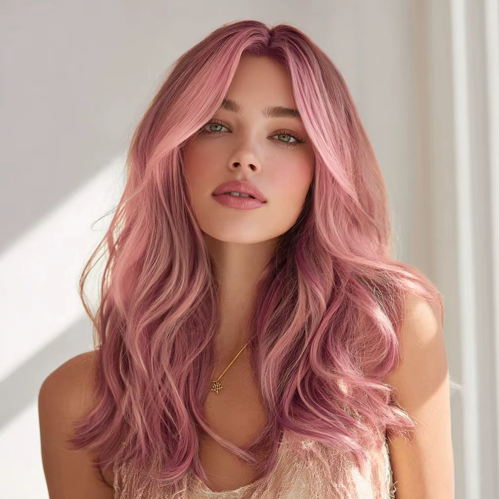 2026 New Fashion Ladies Transparent Lace Front Wig Pink Gradient Hair Tail Micro-Volume Synthetic Lace Wig-Sm9658
