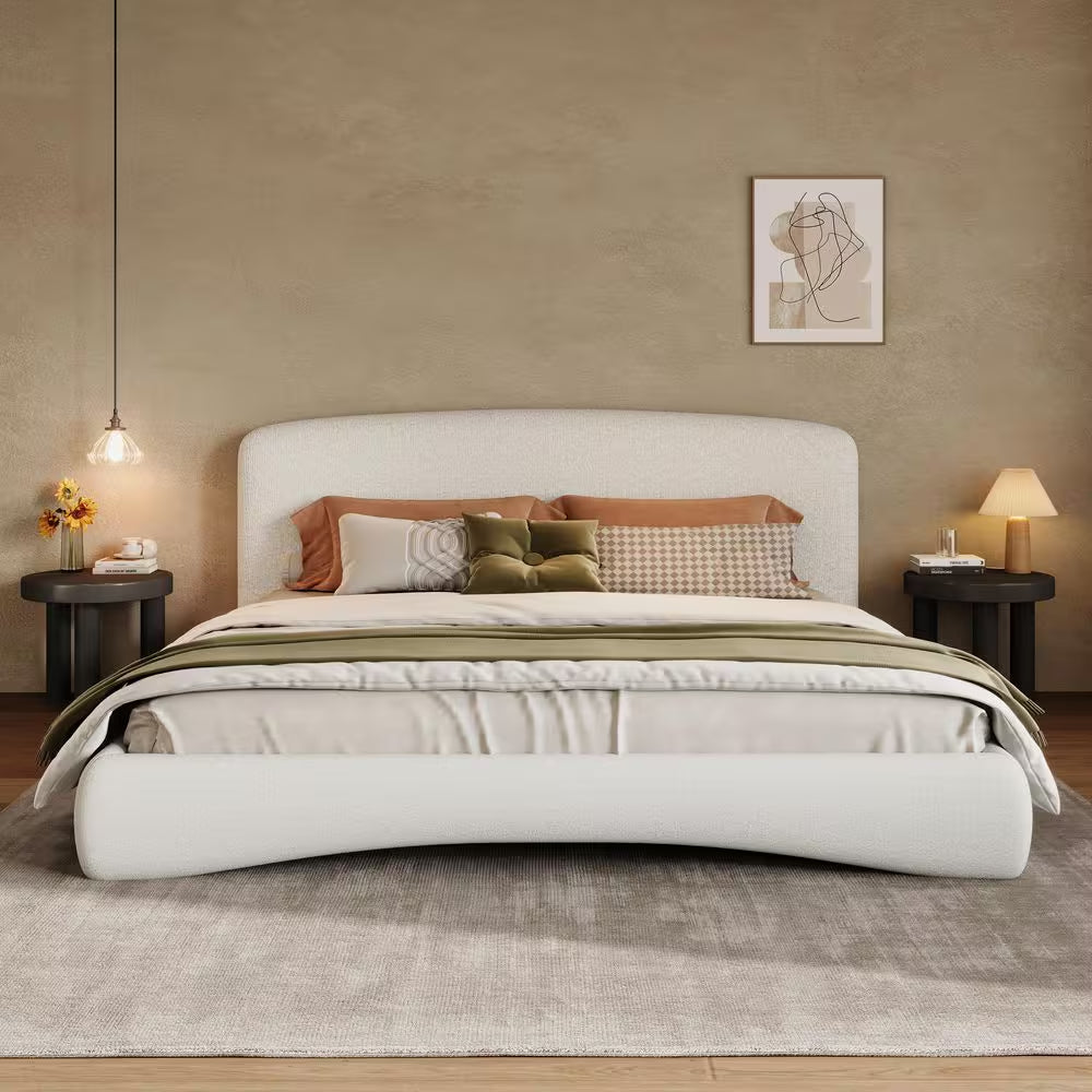 Louis Modern Cream Beige Upholstered Boucle Fabric Wood Frame Queen Size Platform Bed with Curved Headboard,Led Lighting