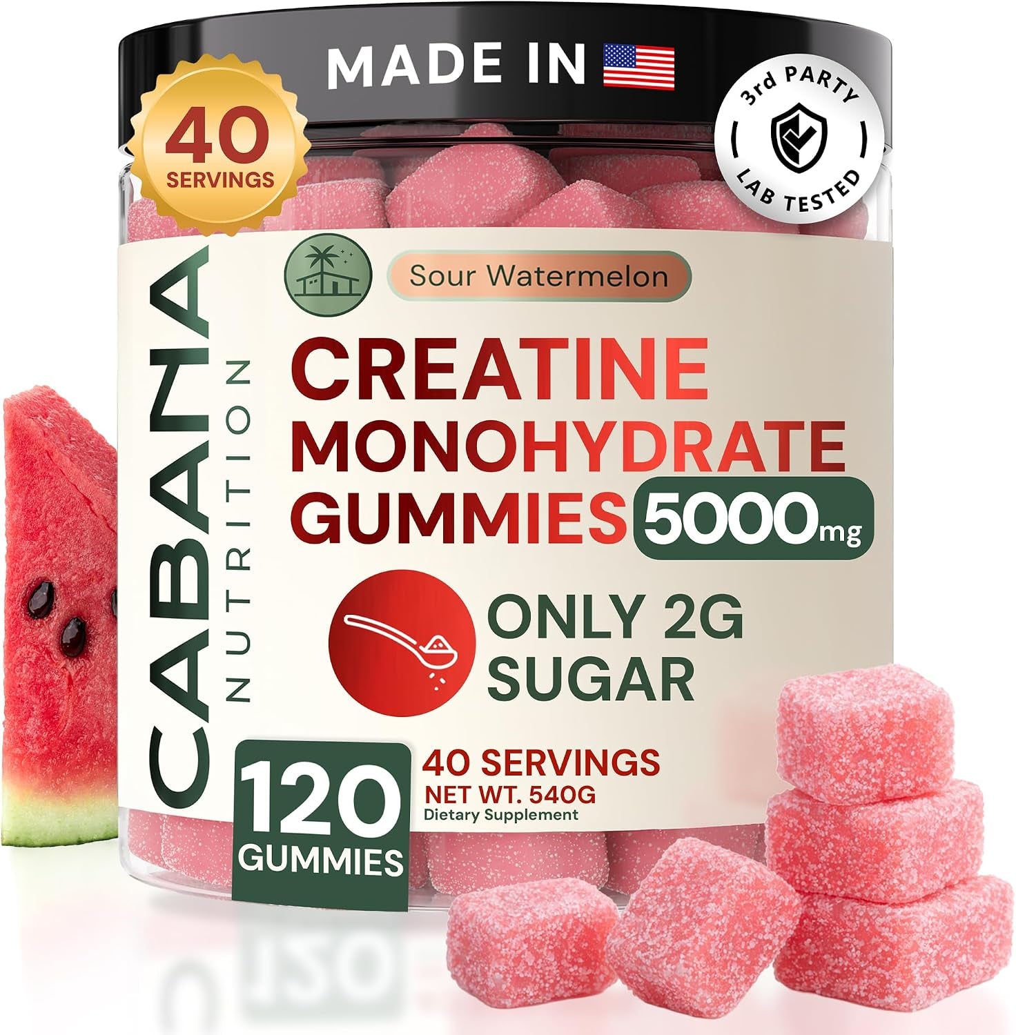 Creatine Monohydrate Gummies 5G - Only 2G Sugar, Made in USA - Sour Watermelon Flavor - Vegan & 3Rd Party Tested - Pre & Post Workout Supplement for Women and Men (120 Count, 40 Servings)