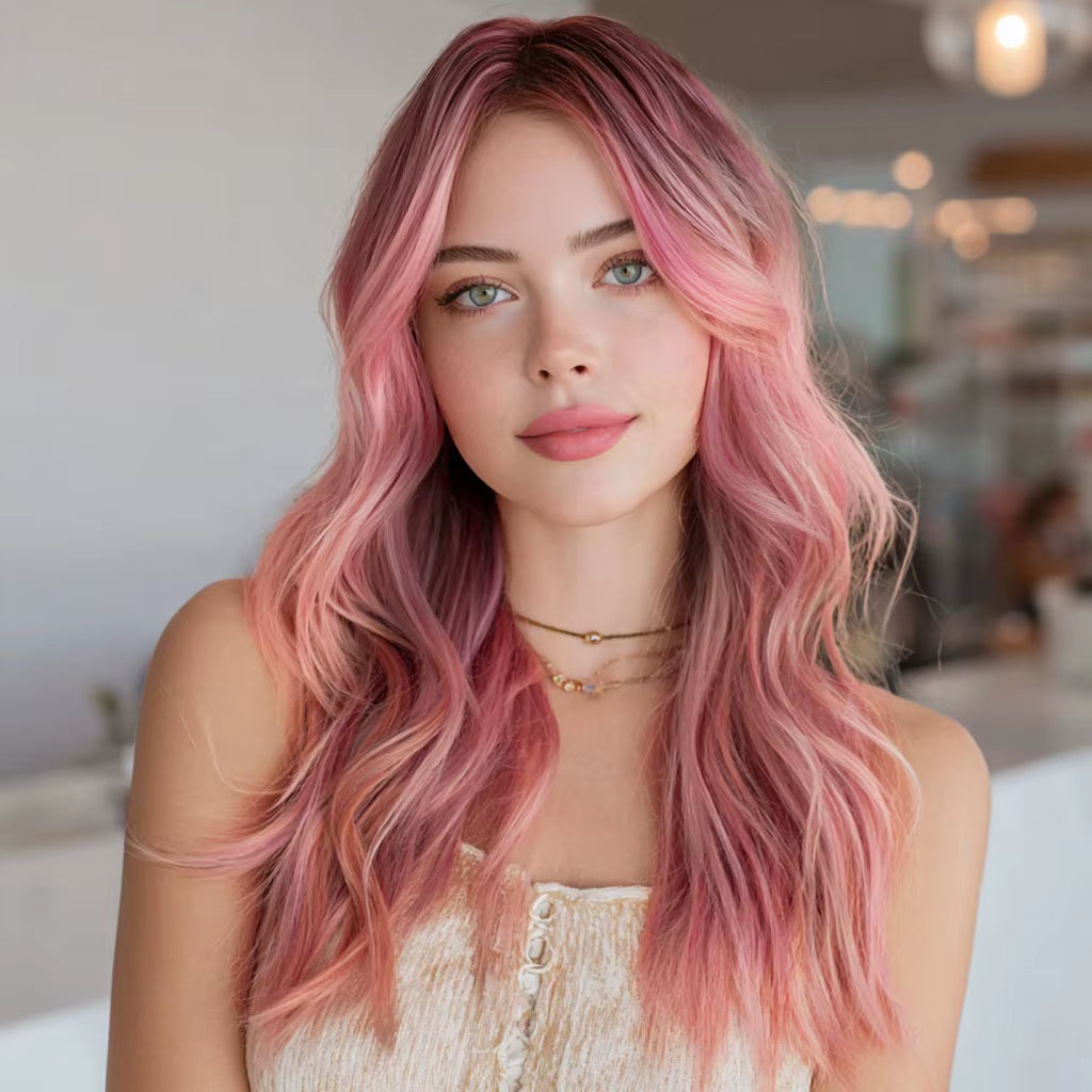 2026 New Fashion Ladies Transparent Lace Front Wig Pink Gradient Hair Tail Micro-Volume Synthetic Lace Wig-Sm9658