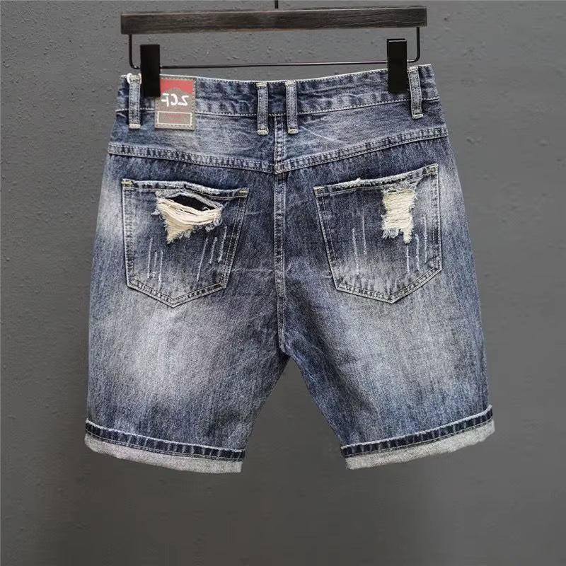 Fashion Vintage Korean Men'S Summer Denim Shorts with Distressed Holes Slim Fit Distressed Holes Designer Luxury Clothing Men