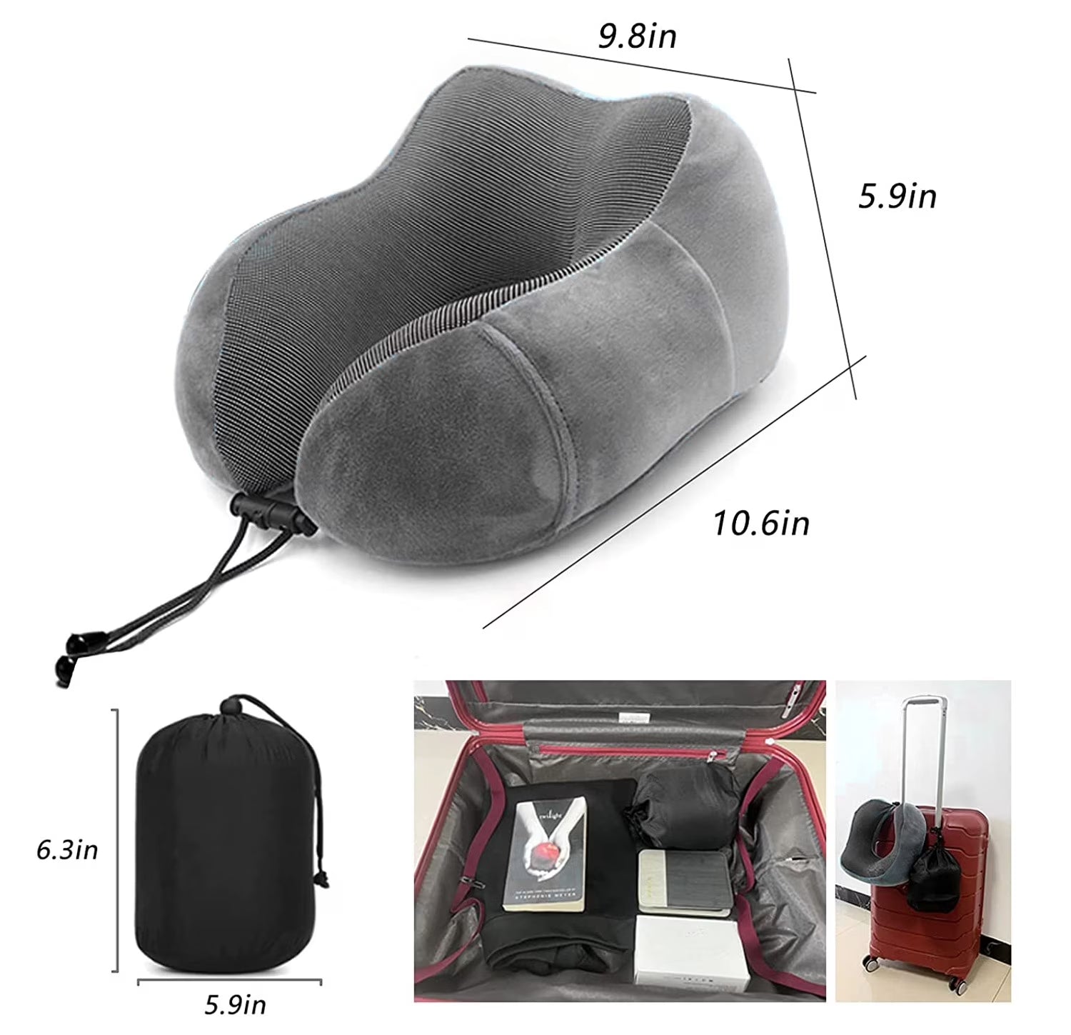 . Comfortable Memory Foam Travel Pillow, Grey