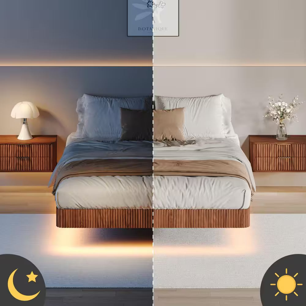 Erwin Walnut Brown Wood Frame Queen Floating Platform Bed with LED Lights, Curve Wood Texture, Metal Slats