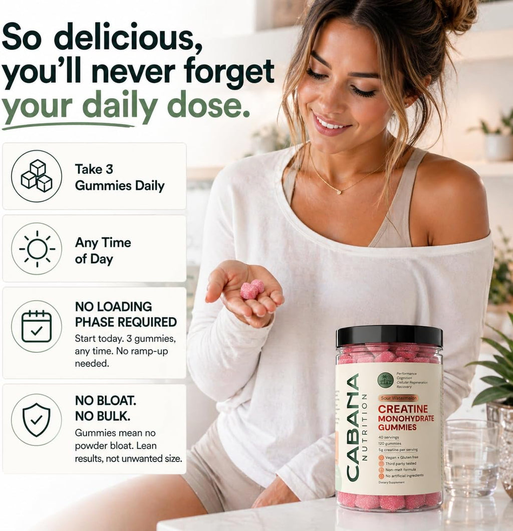 Creatine Monohydrate Gummies 5G - Only 2G Sugar, Made in USA - Sour Watermelon Flavor - Vegan & 3Rd Party Tested - Pre & Post Workout Supplement for Women and Men (120 Count, 40 Servings)