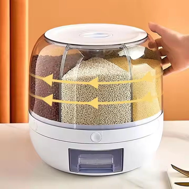 Hot Sale 6-Grid Rotary Grain Buckets Rice Dispenser Kitchen Food Grain Dispenser with Lid