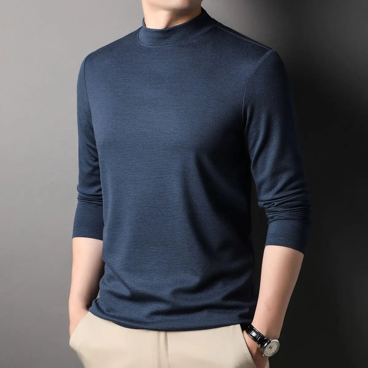 Fashion Stylish Men'S Tops Turtleneck Solid for Layering Oversized Modal T-Shirt Spring Autumn Classic Workwear Casual Tshirt