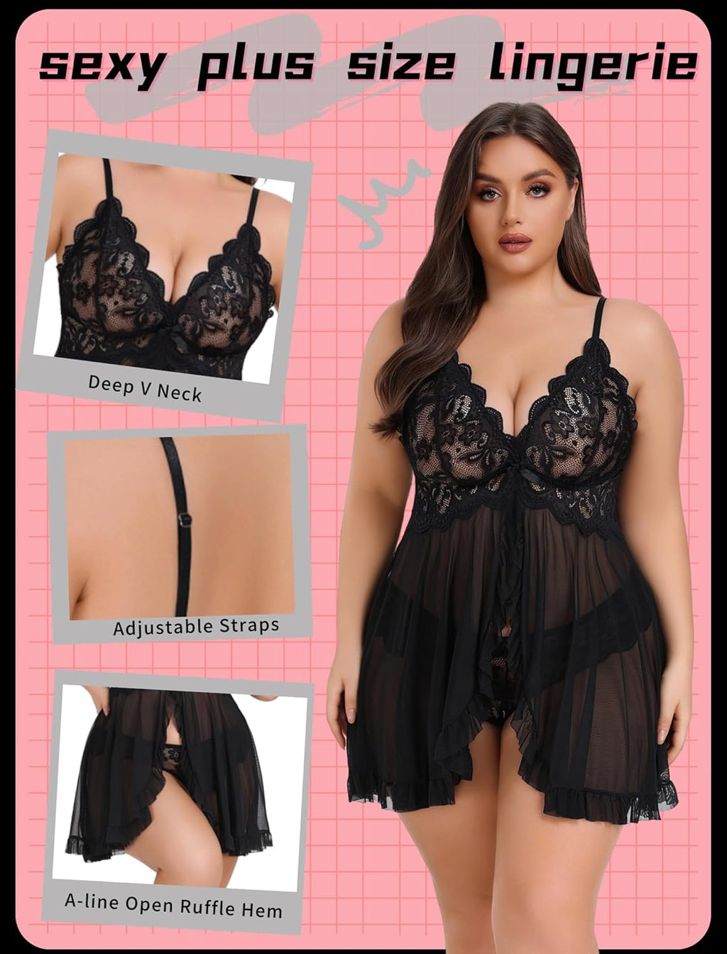plus Size Lingerie for Women Sexy Open Front Lace Babydoll Dress | V-Neck Sleepwear,Sheer Mesh Lingerie Dress,Nightgown Thong 2 Piece,Chemise Strap Nightdress,Wedding for Bride,Valentines Day