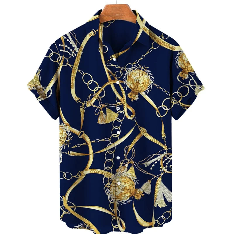 Luxury Baroque Style Shirt for Men Clothing 3D Printed Hawaiian Beach Shirts Short Sleeve Y2K Tops Vintage Lapel Man Clothes