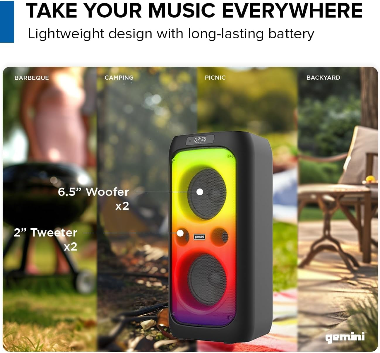 Portable Party Speaker with LED Lights & Wireless Mic (GGO-2650L) | Portable Party Speaker, Dual 6.5" - Beat-Synced LED Lights, Wireless Mic - up to 9 Hr - Bluetooth 5.3