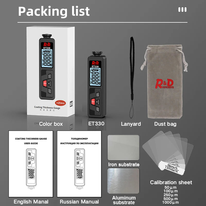 R&D Et330+Zn Car Paint Thickness Gauge Electroplate Metal Coating Thickness Gauge for Car 0-1500Um Fe & Nfe Coating Tester Meter