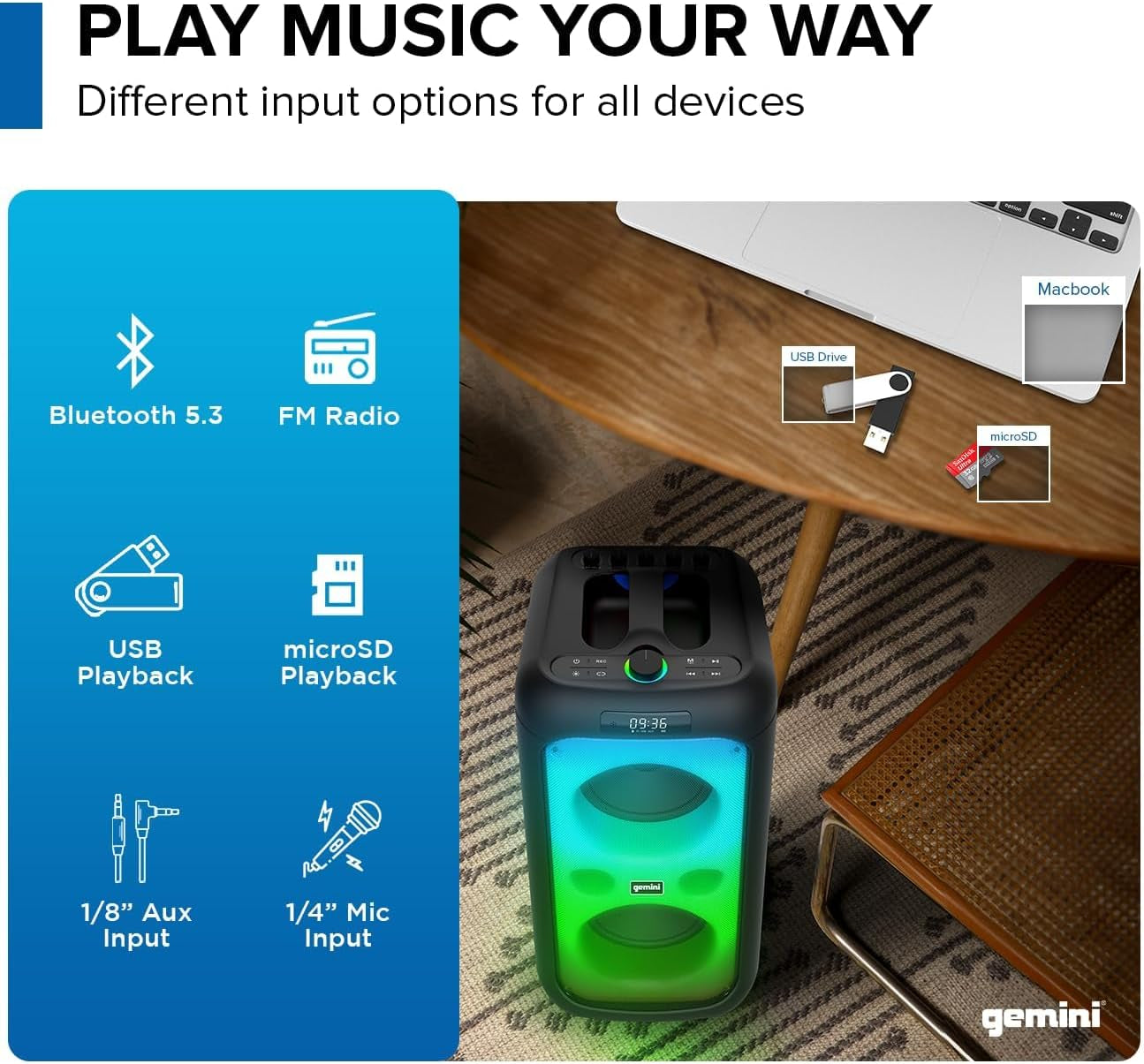 Portable Party Speaker with LED Lights & Wireless Mic (GGO-2650L) | Portable Party Speaker, Dual 6.5" - Beat-Synced LED Lights, Wireless Mic - up to 9 Hr - Bluetooth 5.3