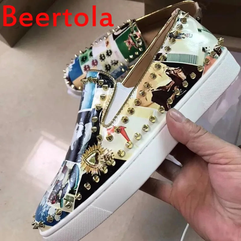 Male Comfortable Random Pattern Loafers Men Casual Shoes Party Dress Shoes Men Flats Rivet Sneakers Mixed Color