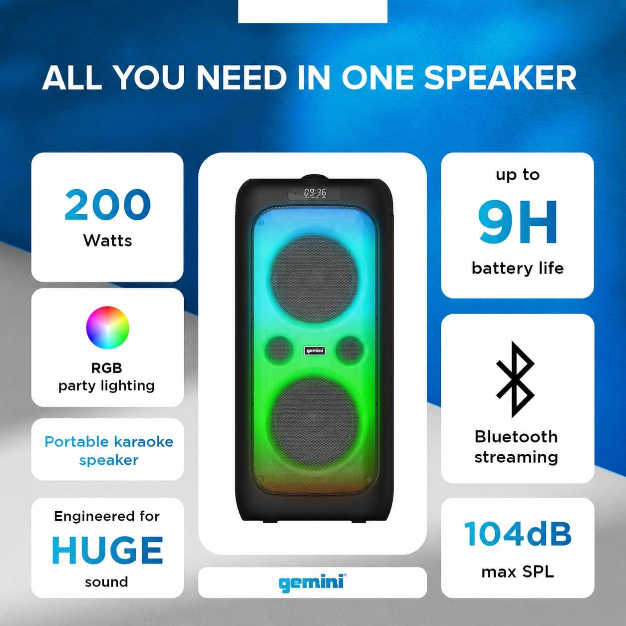 Portable Party Speaker with LED Lights & Wireless Mic (GGO-2650L) | Portable Party Speaker, Dual 6.5" - Beat-Synced LED Lights, Wireless Mic - up to 9 Hr - Bluetooth 5.3