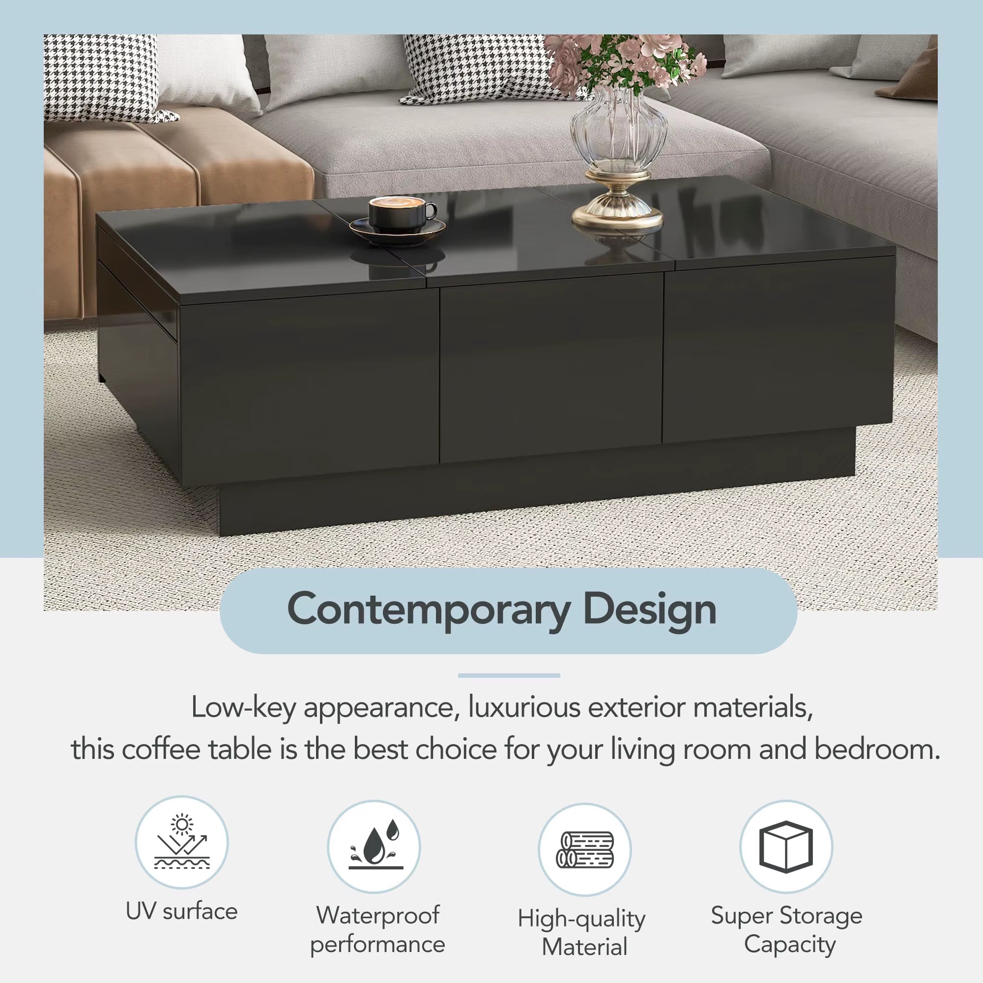 ON-TREND Coffee Table 2 Large Hidden Storage Compartments Extendable Design 2 Drawers High-Gloss Sliding Top Living Room Sets