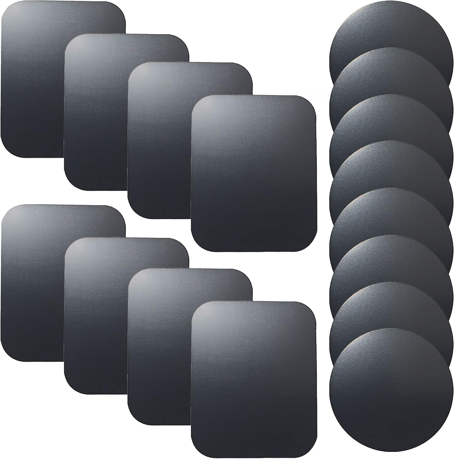 Replacement Metal Plates Set 16 Pack for Magnetic Car Phone Holders, Wall, Air Vent Mounts, Cases, Magnets. Kit of 8 Black round and 8 Rectangular Iron Discs without Holes. 3M Adhesive Backing