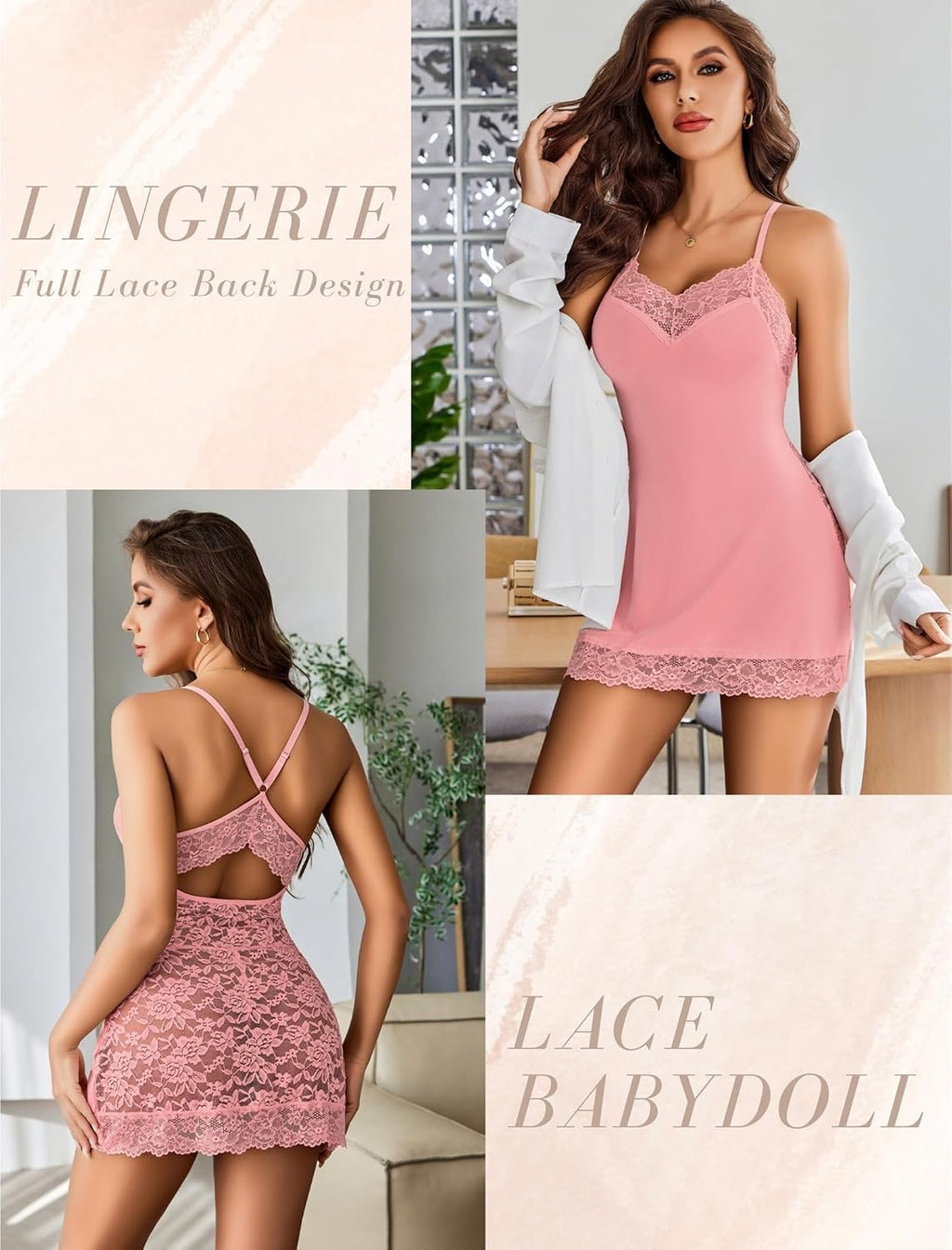 Lingerie for Women Sexy Babydoll Chemise Dress Lace Trim Sleepwear | Back Criss-Cross Straps Lingerie,V Neck Nightgown,Lace Trim Sleep Dress,Full Slip Nightwear for Date Night