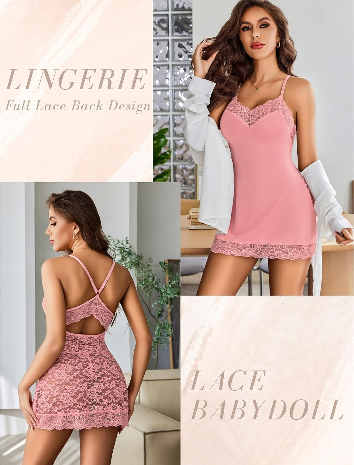 Lingerie for Women Sexy Babydoll Chemise Dress Lace Trim Sleepwear | Back Criss-Cross Straps Lingerie,V Neck Nightgown,Lace Trim Sleep Dress,Full Slip Nightwear for Date Night